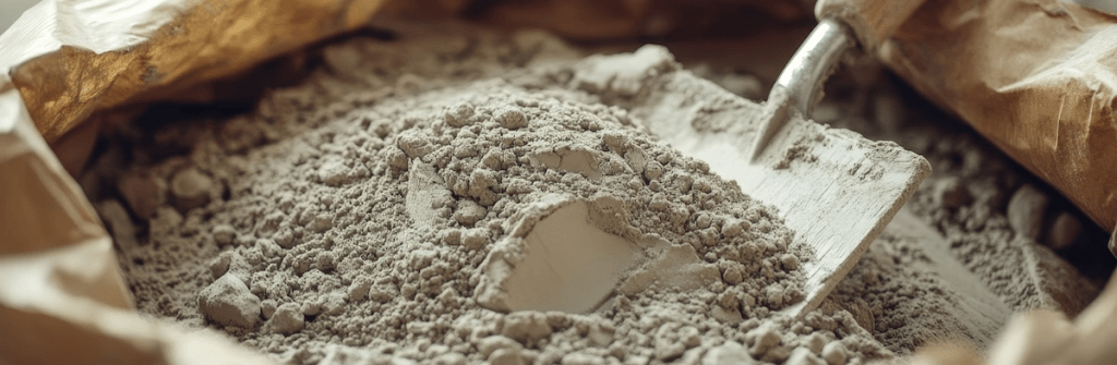 Close-up view of gray Portland cement ready to be mixed