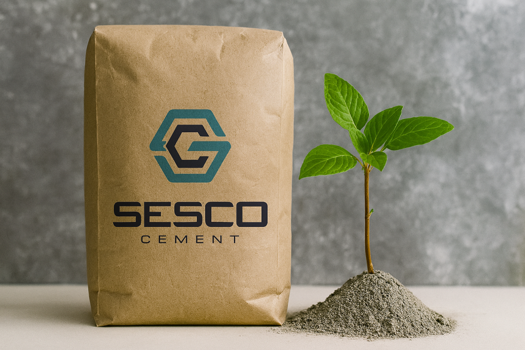 Paper bag for SESCO Cement next to a small tree representing environmentally-friendly practices